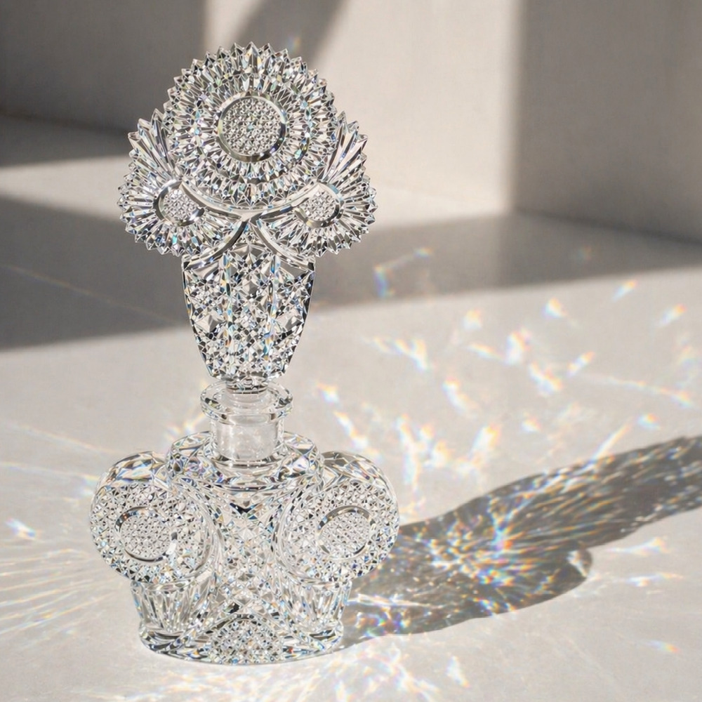 Vintage Czech Cut Crystal Winged Vanity Bottle | Mid Century Bohemian Glass